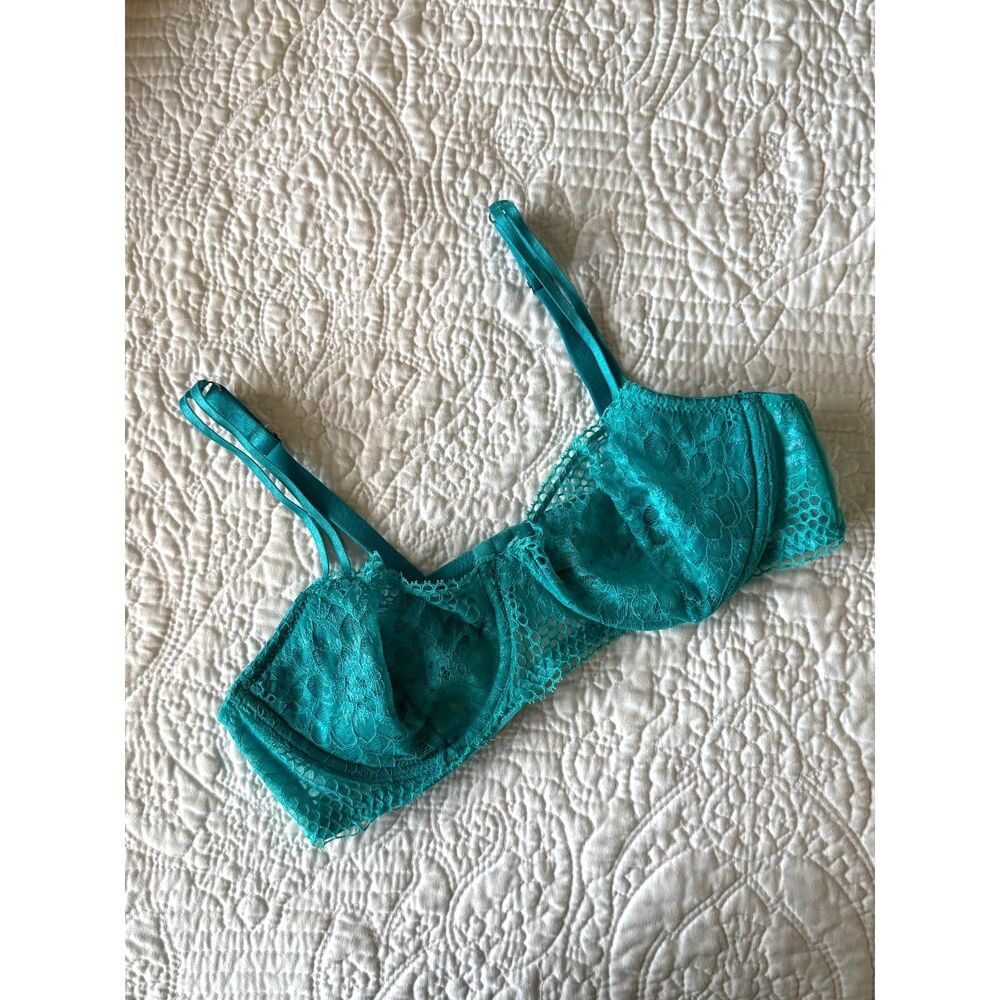 Adore Me Size 36C Bra EUC Teal Aqua Demi Balconette Sheer Lace Lingerie Blue